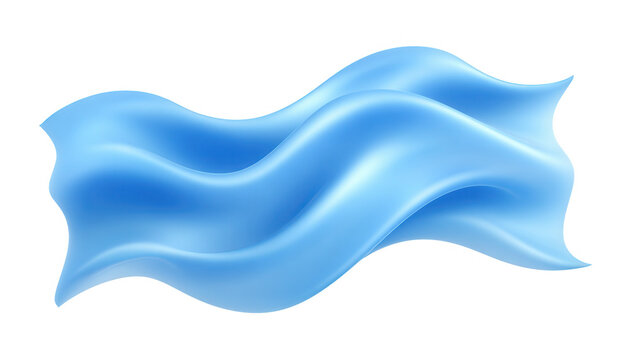 Une forme abstraite ondul&eacute;e de tissu bleu soyeux flottant sur un fond blanc isol&eacute;, id&eacute;ale pour des concepts de design moderne et fluide.