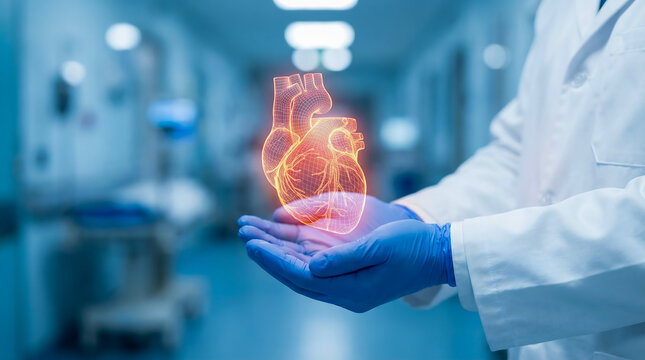Medical Professional Holding a Luminous Digital Heart, Representing Advanced Healthcare Technology and Future Diagnostics in a Hospital Setting