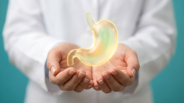 A doctor's hands gently hold a glowing, transparent human stomach, symbolizing health, medical care, and internal organ awareness
