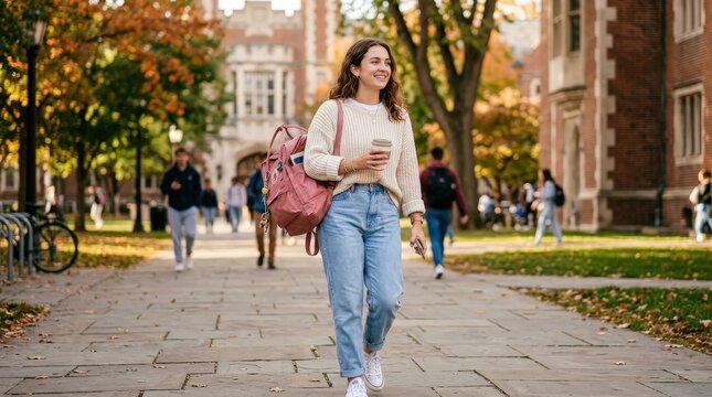 young woman walking on campus.