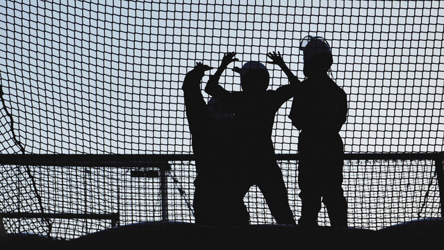Baseball players celebrating in batting cage silhouette against light sky