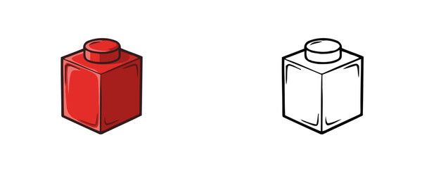 Building block in flat cartoon and black line style in red and white colors representing construction element for kids play and education on white background © Dzianis