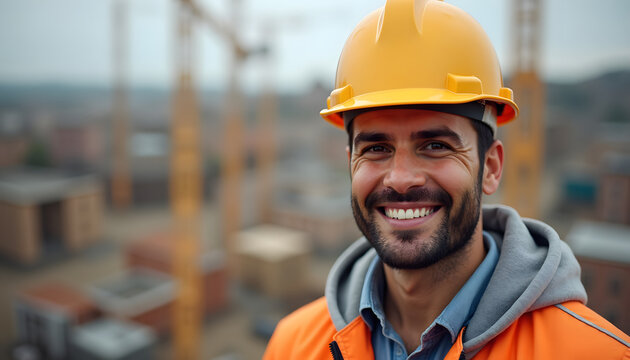 Construction Worker Smiles on a Building Site During the Day While Cranes Are in the Background