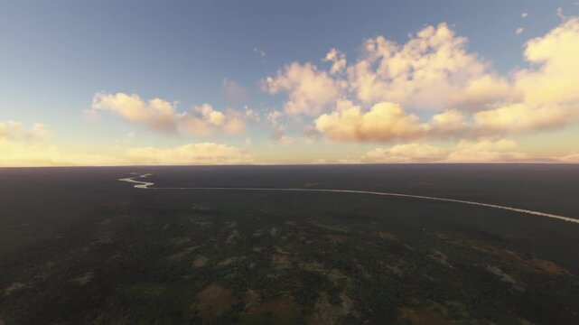 Circular aerial drone view at sunrise of the Cuanza River or Rio Cuanza. Angola