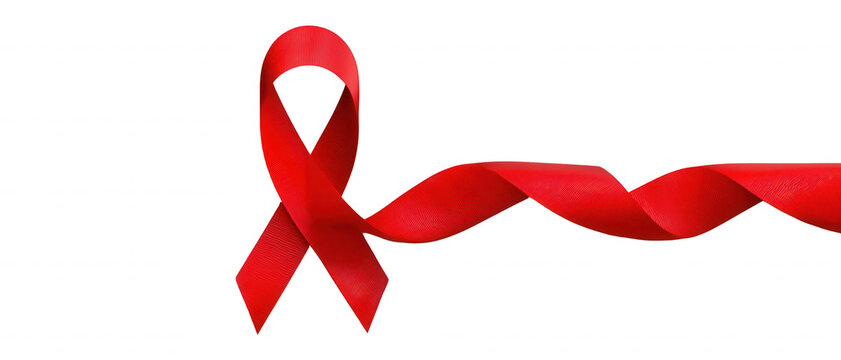 Ruban rouge de sensibilisation au Sida et au VIH isol&eacute; sur fond blanc pour la journ&eacute;e mondiale de lutte contre la maladie et la solidarit&eacute;.
