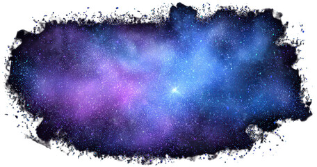 Obraz premium Illustration d'une galaxie cosmique avec nébuleuse violette et bleue dans une tache d'aquarelle isolée sur fond blanc pour design créatif.