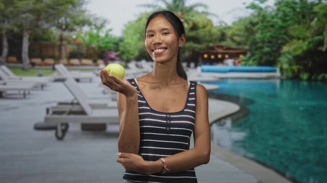 Thai woman holding green apple in palm at poolside resort, smiling with relaxed pose; serenity wellness health relaxation.
