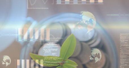 Displaying small green sprout emerging from coin stack in glass jar, showing digital overlays © vectorfusionart