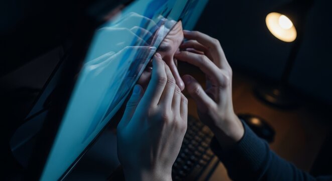 Hands rubbing tired eyes before a bright computer monitor in a dark home office during a late night work session, showing digital strain, rubbing, vision, digital