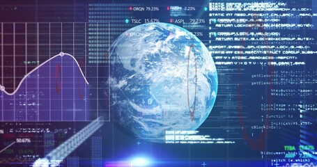 Fototapeta premium Displaying photorealistic Earth globe rotating over data dashboard, with grid, line chart, tickers