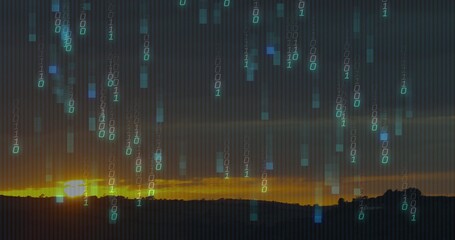 Falling digital rain veiling dusk sky over dark ridge, showing sun left, binary digits cyan pixels © vectorfusionart