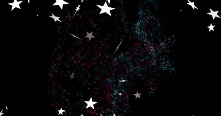 Swirling teal-magenta dot cloud on black background, showing faint streaks, white-gray star cutouts © vectorfusionart