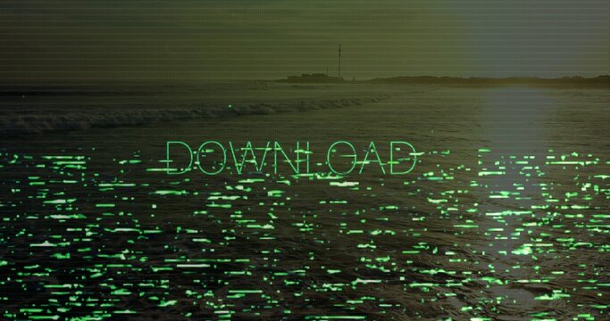Glitching neon-green DOWNLOAD overlay over sea at dusk with scanline, green noise, masts, sun-glint