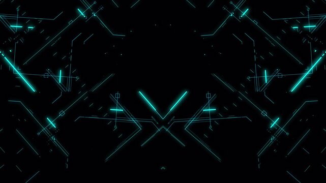 Futuristic geometric HUD interface with glowing blue angular lines, sci fi technology background, digital cyber frame design with symmetrical V shape and copy space center