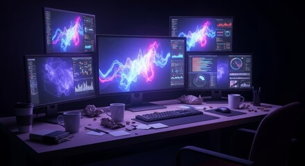 Naklejka premium Multiple glowing monitors illuminate a messy desk with stacks of coffee mugs and digital displays during a silent dark midnight session, fatigue, mouse, light