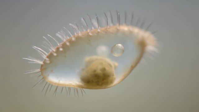 Microscopic Paramecium Protozoa swimming with cilia in water, extreme close-up