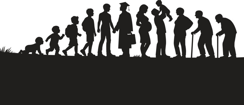 Silhouettes depicting the stages of human life from infancy to old age