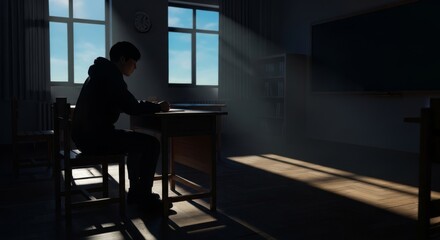 A heavy atmosphere fills the vacant classroom as a solitary silhouette rests at a wooden desk amidst long shadows and dim evening light, loneliness, stress, learning