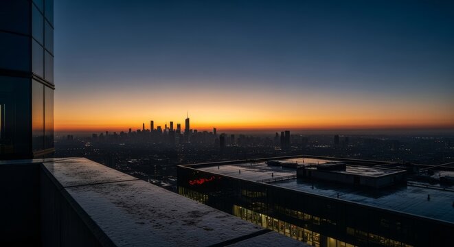 A high vantage point on a tall building ledge overlooks a dim urban horizon at twilight, capturing a somber mood of stillness and gloom, elevation, architecture, city