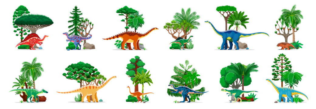 Cartoon funny prehistoric dinosaur characters, Jurassic lizards and reptiles, vector set. Prehistoric era dino species in jungle forest for kids dino atlas or paleontology animals encyclopedia