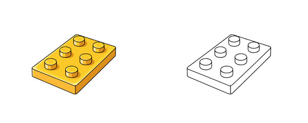 Building toy plate in flat cartoon and black line style in yellow and white colors representing construction base for kids play and creativity on white background © Dzianis