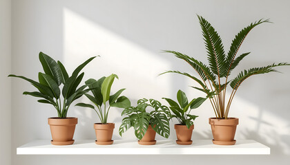 Fototapeta premium A serene arrangement of potted plants on a white shelf with natural light