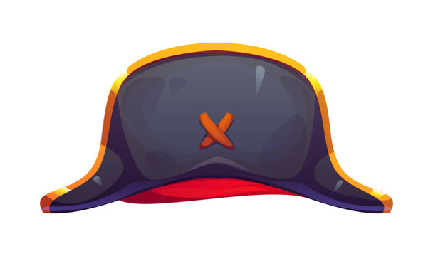 Pirate cocked hat or Caribbean corsair and captain headwear, cartoon vector. Medieval pirate bicorne or bicorn leather hat, sailor admiral, boatswain or seaman skipper and piracy crew marine headgear