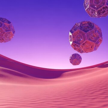 Dreamlike fantasy background showing a curved horizon of pink sand and colossal geometric objects hovering in the vibrant purple air, strange, vibrant, illusion