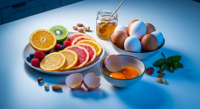 Organized breakfast ingredients like sliced fruit and fresh eggs sit on a kitchen counter in the cool blue light of a quiet predawn hour, sharp, routine, food