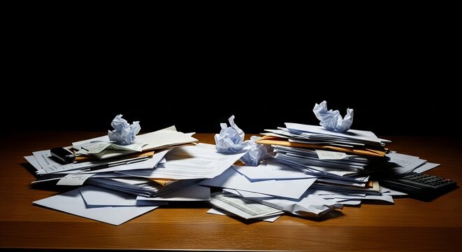 Piles of paper and envelopes scattered on a wooden table under a single overhead light in a dark room, suggesting financial stress at night, scattered, pressure, insomnia