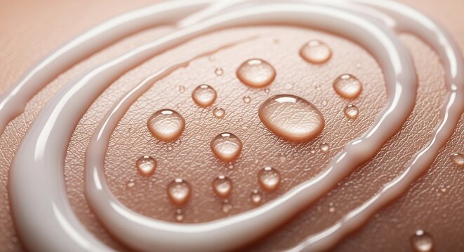 Close-up of luxurious white cosmetic cream or lotion swirled on smooth human skin with refreshing water droplets, symbolizing hydration, beauty, and skincare.