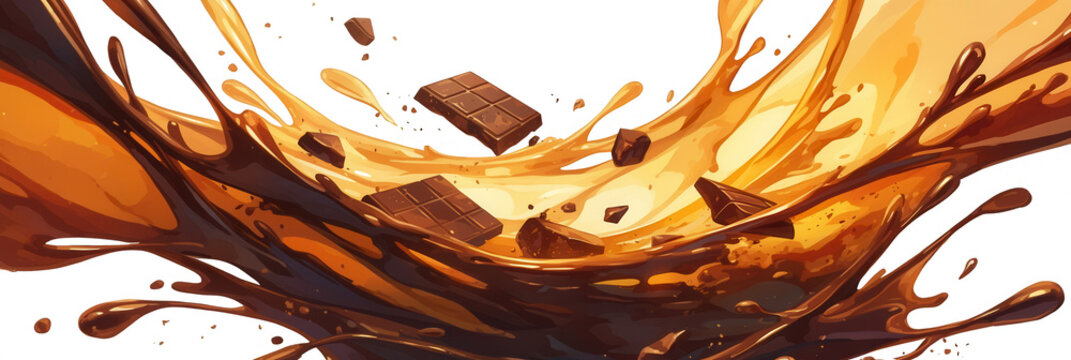 &Eacute;claboussure dynamique de chocolat fondu et caramel dor&eacute; avec des morceaux de cacao croquants isol&eacute;s sur un fond blanc pur et lumineux.