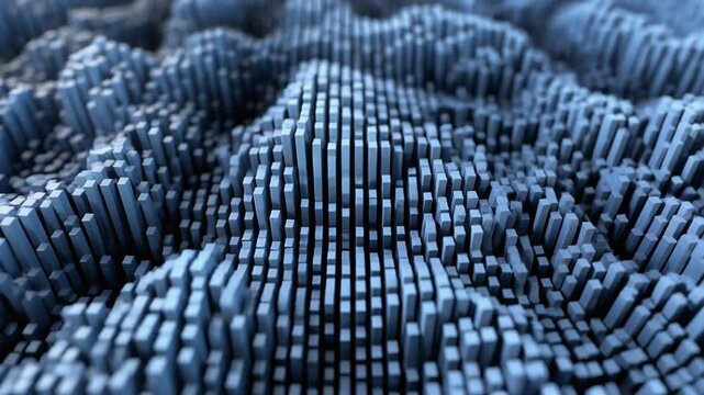 Abstract 3D Digital Landscape of Geometric Blocks Creating a Textured, Mountainous Topography with Depth and Shadow