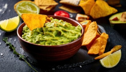 Obraz premium Delicious Guacamole with Tortilla Chips and Lime Wedges on Dark Surface.