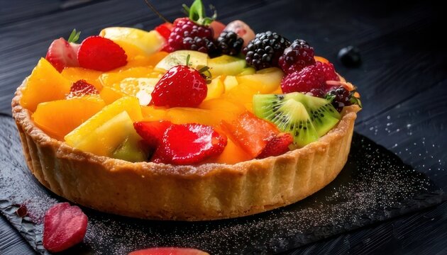 Delicious Fruit Tart with Fresh Berries and Tropical Fruits.
