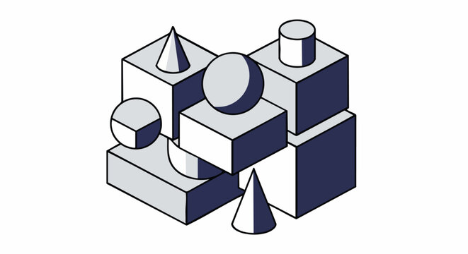 Isometric Geometric Shapes Illustration with Cubes, Spheres, Cones, and Cylinders.