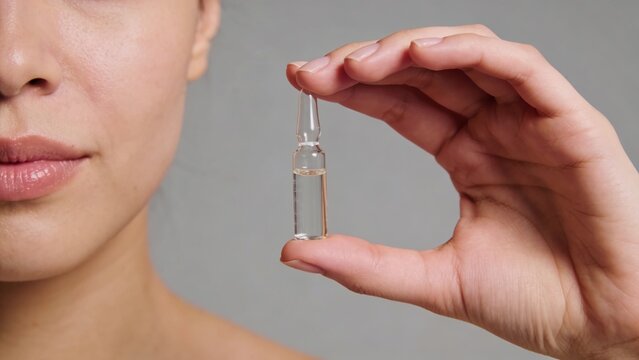 Woman's hand holds small clear glass ampoule with clear liquid near her smooth face