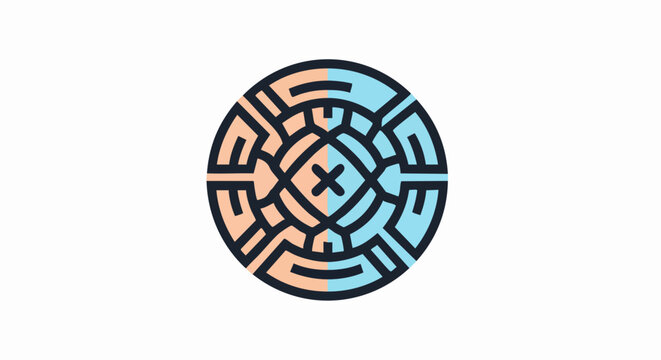 Abstract circular maze symbol with central cross icon.