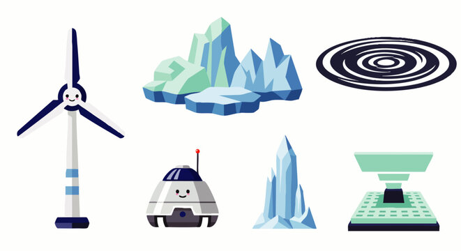 Set of cute cartoon icons representing renewable energy, nature, and technology: wind turbine, icebergs, whirlpool, robot, ice spike, and scale.