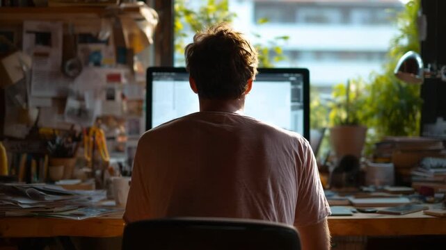 Man working on a pc computer at home
