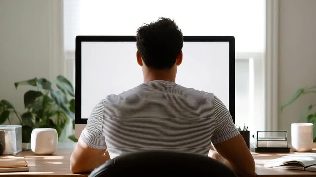 Man working on a pc computer at home