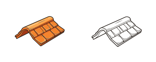 Building toy roof element in flat cartoon and black line style in orange and white colors representing construction tile for house models or kids play on white background © Dzianis