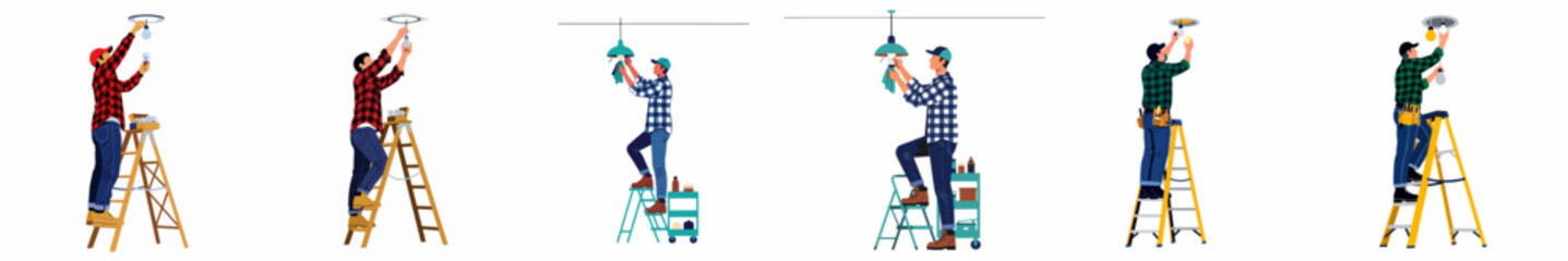Set of flat vector illustrations depicting various male handymen standing on ladders and changing light bulbs in ceiling fixtures. © Nadhirotul