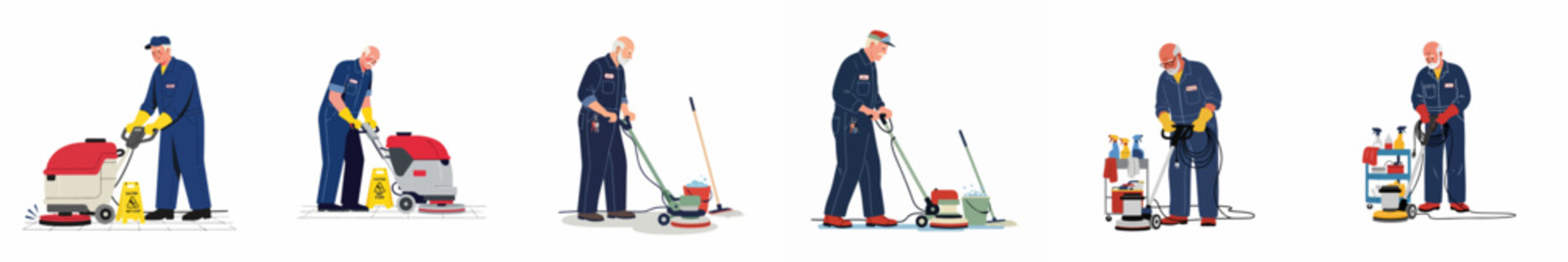 A set of six illustrations showing senior male janitors in blue uniforms operating various industrial floor cleaning and polishing machines.
