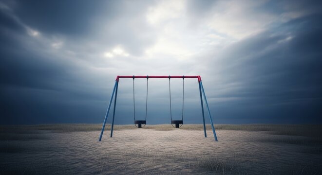 An empty swing set remains still on a deserted playground beneath overcast clouds. The muted tones capture a somber and lonely atmosphere, overcast, isolation, grey