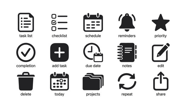 Task management icons: checklist, schedule, reminders, priority, completion