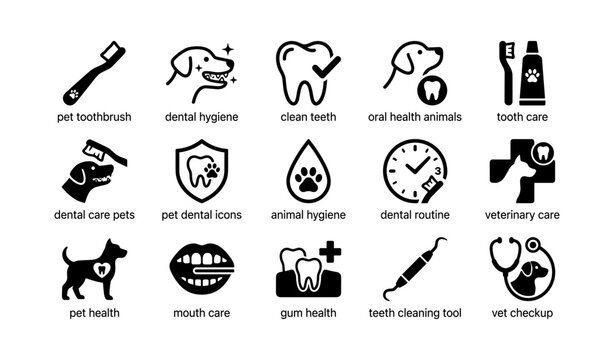 Pet dental care icons: hygiene, health, oral care routine, veterinary tools