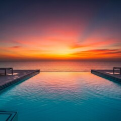 Obraz premium Serene infinity pool at a luxury resort overlooking a calm turquoise ocean during a vibrant sunset. Crystal clear water meets the horizon, getaway, sea, design