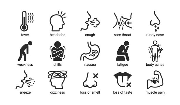 Symptoms of common cold and flu: cough, fever, headache, fatigue, loss of smell