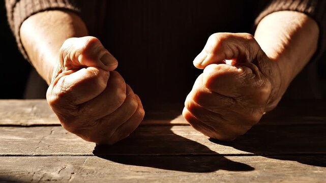Two fists on a wooden surface.